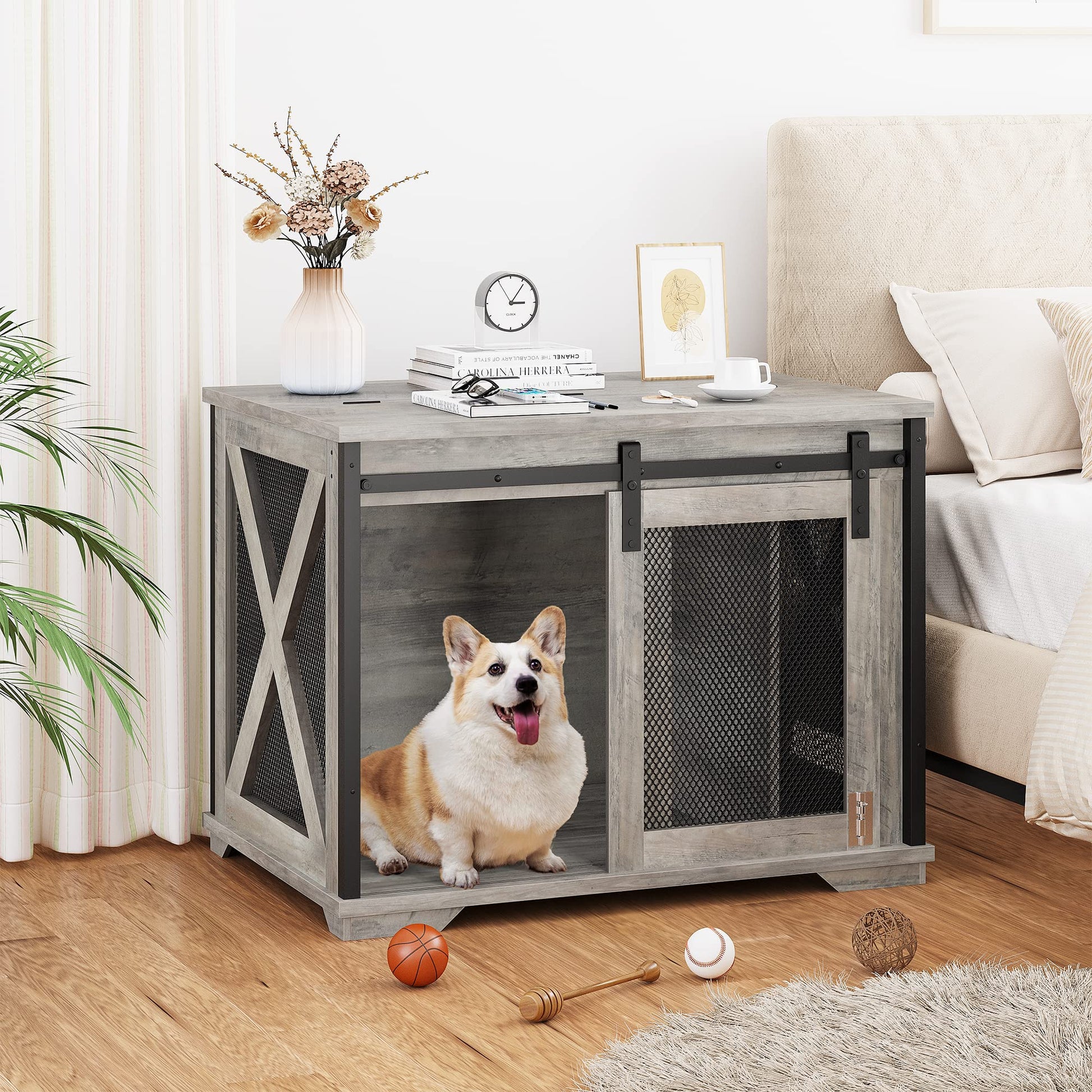 GAOMON 37'' Sliding Barn Door Dog Crate Furniture with Flip Top and Movable Divider, Dog Kennel Side End Table, Wooden Dog Crate Table, Grey - WoodArtSupply