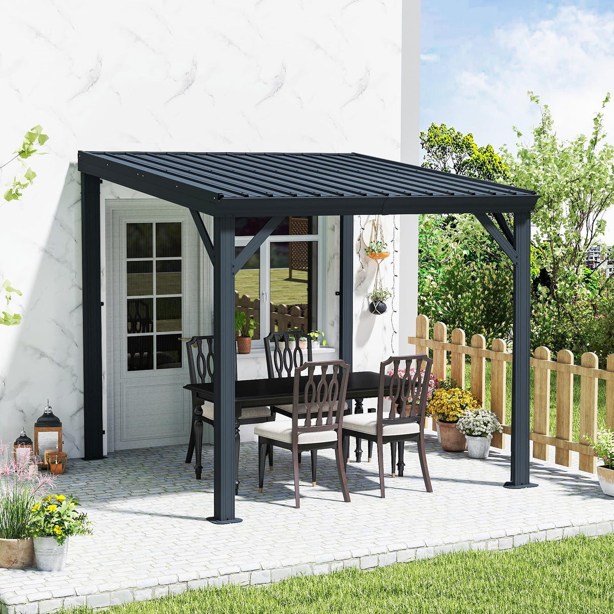 Domi 8' x 8' Lean to Gazebo, Wall Mounted Gazebos Pergola with Built in Drainage System, Galvanized Steel Roof, Hardtop Patio Shelter for Deck, Porch, Backyard and More domi outdoor living