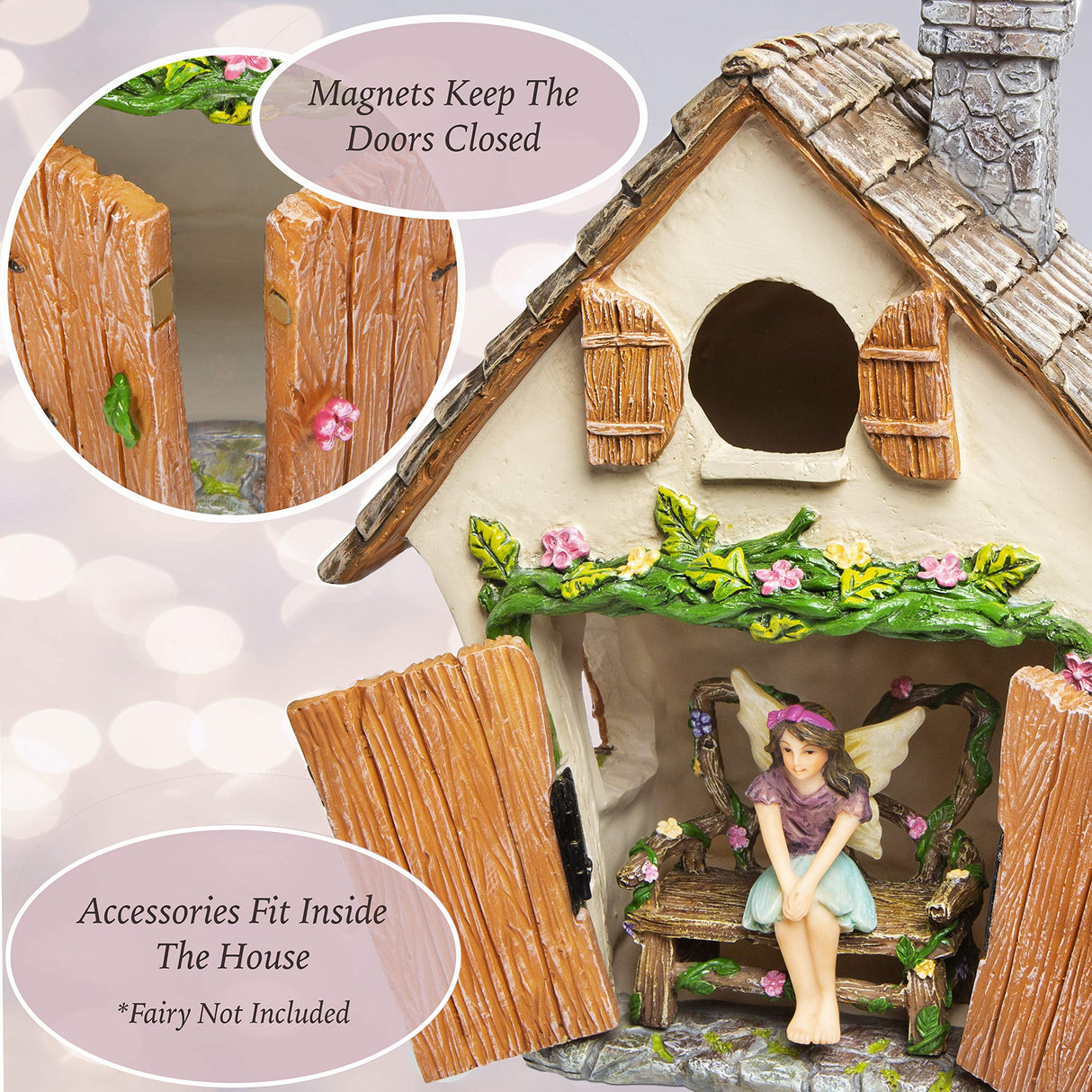 Meadow & Oak Fairy Garden House Kit - Complete with Fairy Garden Accessories, Butterly Seat, Bird Bath, Stepping Stones, Magnetic Door Closure for Indoor/Outdoor Fairy House Meadow & Oak