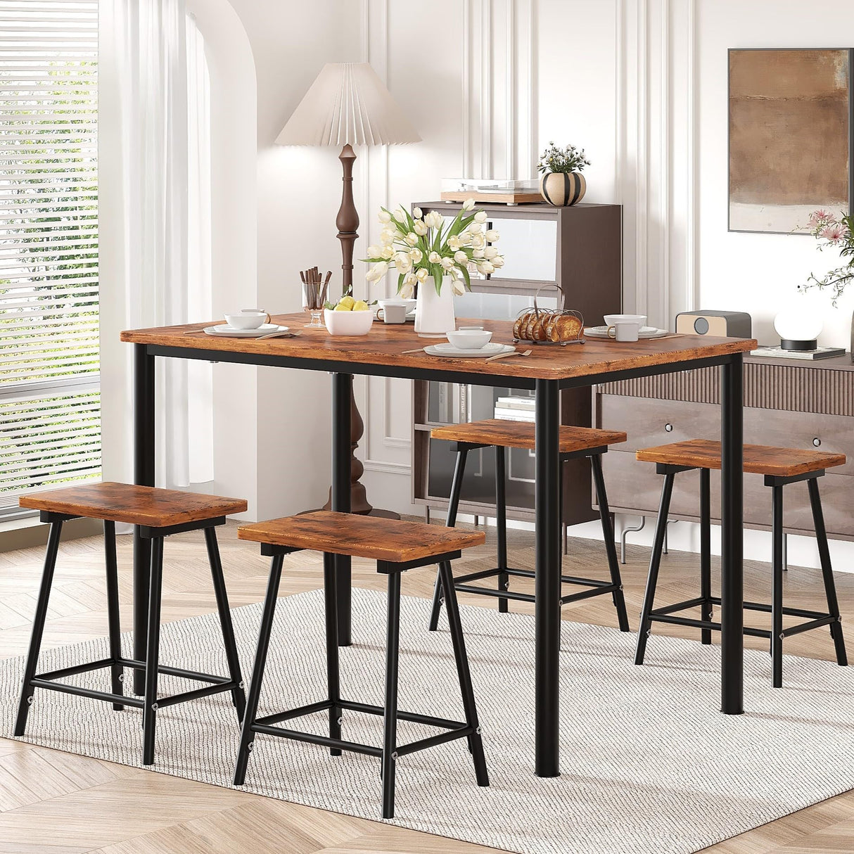 VECELO Kitchen Table and Chairs for 4, Dining Room Set with Chairs/Stools, Heavy-Duty Metal Frame with Wooden Tabletop for Small Spaces, Easy Assembly, Antique Brown VECELO