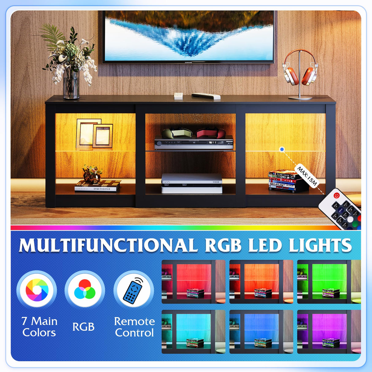 WLIVE LED TV Stand for 65 Inch TV, Modern Entertainment Center with Adjustable Glass Shelves & Customizable LED Lights, Sturdy Media Console for Living Room, Bedroom,Gaming (Black) WLIVE