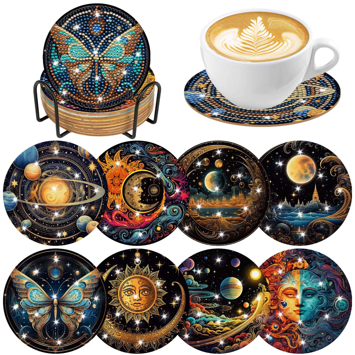 Mystical Moon Diamond Art Coasters: 8 Pcs Witchy Diamond Painting Coaster with Holder and Cork Pads, Celestial Diamond Art Coasters for Adults Beginners DIY Crafts Home Decor Gifts CRASHOT