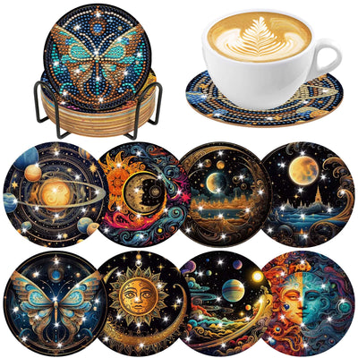 Mystical Moon Diamond Art Coasters: 8 Pcs Witchy Diamond Painting Coaster with Holder and Cork Pads, Celestial Diamond Art Coasters for Adults Beginners DIY Crafts Home Decor Gifts