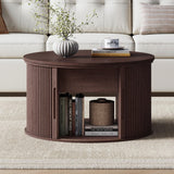 LINSY Lift Top Coffee Table, Round Fluted Coffee Table with Storage, Mid Century Modern Wooden Coffee Tables with Sliding Tambour Door, 31.5" Center Table for Living Room, Office, Small Space, Walnut LINSY