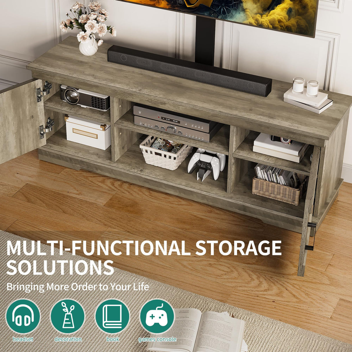 YITAHOME Farmhouse TV Stand with Mount, Sturdy TV Stand Mount for 32/45/55/60/65/70 inch TVs, Entertainment Center with Adjustable Shelf, TV Cabinet Media Console for Living Room, Grey YITAHOME