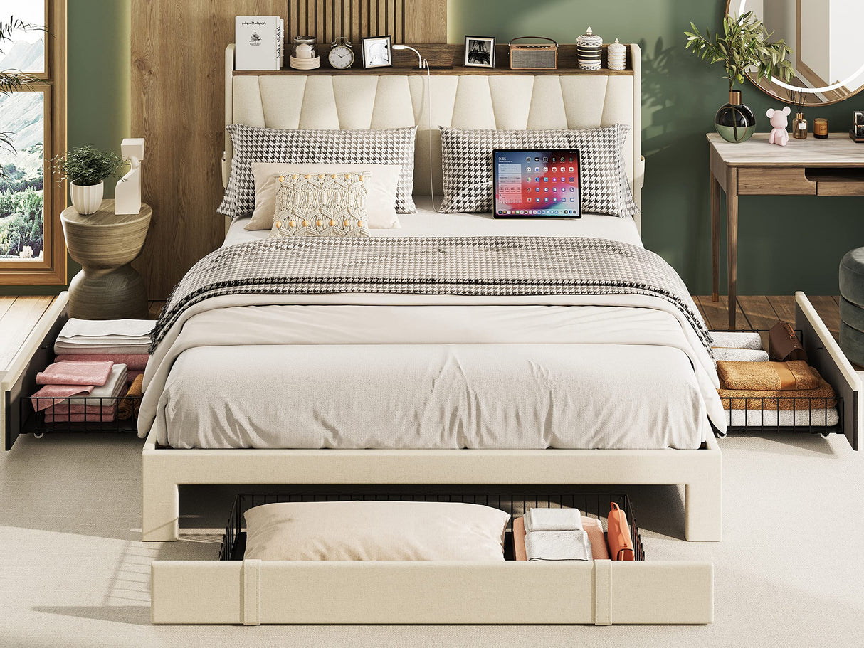 ANTCOR Upholstered Queen Bed Frame with 3 Storage Drawers and Charging Station in Beige ANCTOR