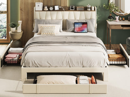 ANTCOR Upholstered Queen Bed Frame with 3 Storage Drawers and Charging Station in Beige - WoodArtSupply