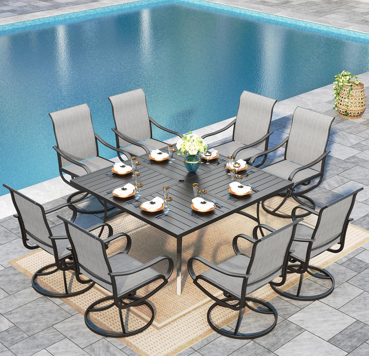Sophia & William Outdoor Dining Set Patio Dining Sets Patio Table and Chairs Set 9 Pieces Square Outdoor Dining Table for 8 with Swivel Patio Set for Garden Pool All Weather Grey Sophia & William