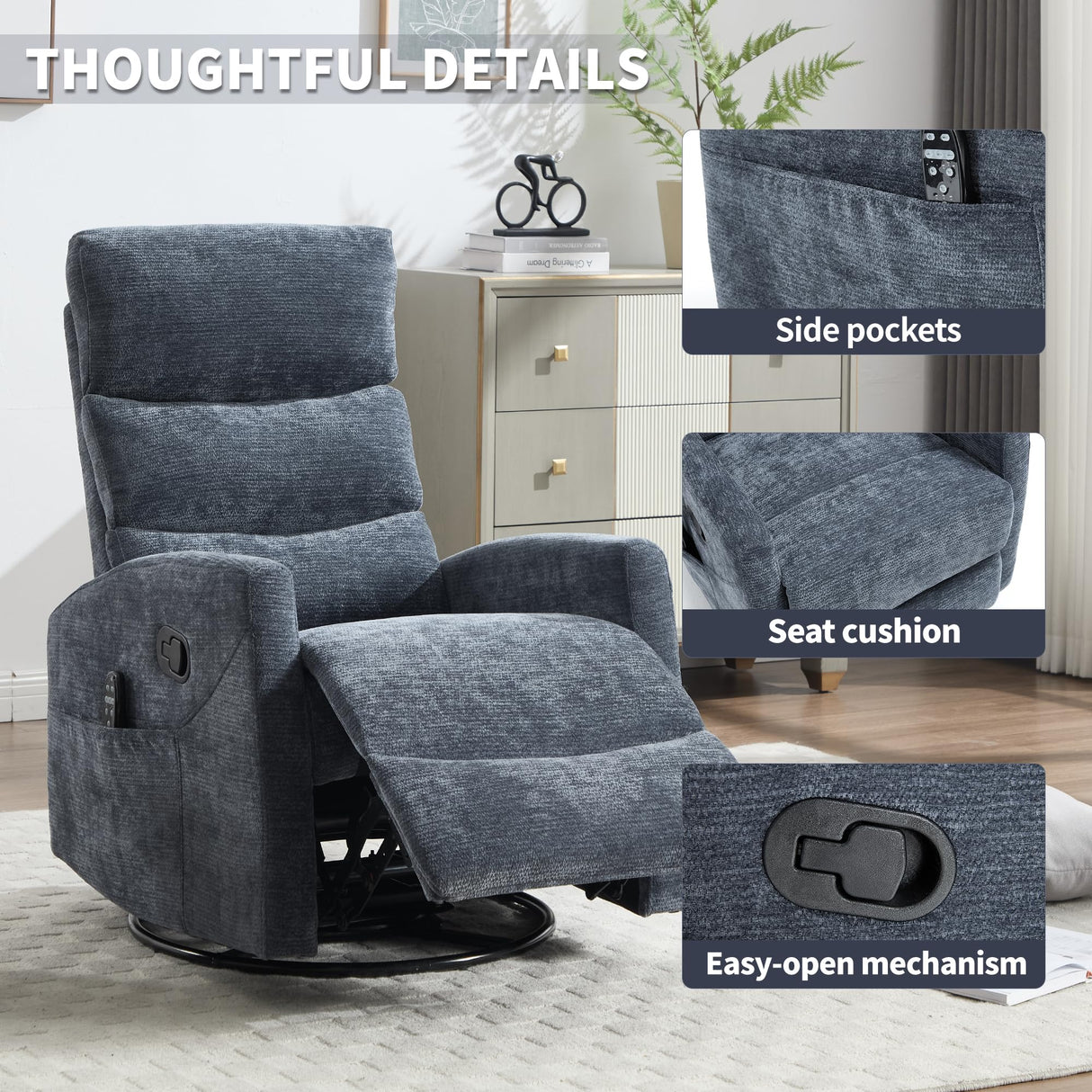 Manual Swivel Rocker Recliner Chair for Adults, Overstuffed Reclining Glider Chair for Nursing with Vibration Massage & Heat, Living Room Rocking Recliner 3-Stage backrest, Chenille Fabric Blue EZZUP