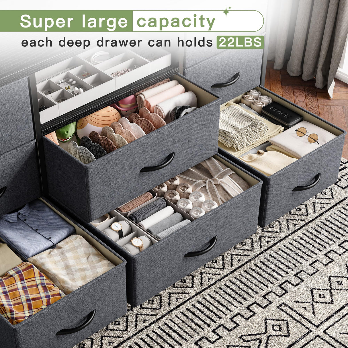 EnHomee Dresser TV Stand with Power Outlet Entertainment Center with 8 Fabric Deep Drawers Media Console Table for 55" TV Wide Storage Drawer Dresser for Bedroom, Living Room, Entryway, Grey EnHomee