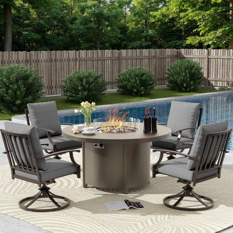 Trumbeak 5 Piece Metal Outdoor Patio Furniture Set with 48"/55000 BTU Round Fire Pit Table,Outdoor Dining Table Set 4 Swivel Chairs No-Slip Cushions and Waterproof Covers,Grey Trumbeak