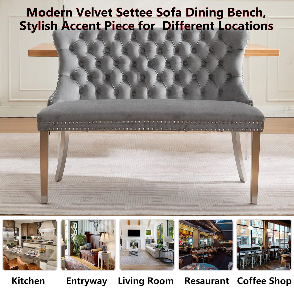 OIKIIWOO Upholstered Dining Bench with Back Tufted Settee Benches Small Loveseat Sofa Couch for Small Spaces,Entryway,Banquettee Seating Sofa Benches with Backrest (Grey+Silver Legs, Dining Bench) OIKIIWOO