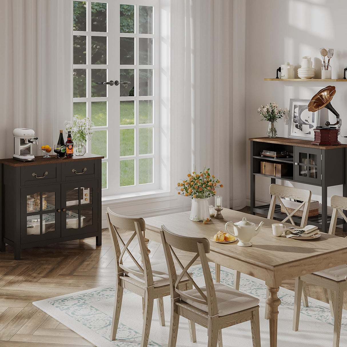 ChooChoo Farmhouse Sideboard Buffet Cabinet with Storage, Coffee Bar Cabinet with Glass Doors, Entryway Cabinet for Kitchen, Living Room, Black ChooChoo