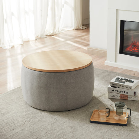 YICORPS Modern Round Storage Ottoman with Wooden Top,Handmade Luxury Pleated Circle Fabric Storage Ottoman Coffee Table,End Table & Footstool for Living Room（Light Gray） YICORPS