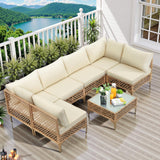 FHFO 7 Piece Outdoor Wicker Patio Furniture Set, Rattan Sectional Sofa Couch, Patio Conversation Set with Cushion & Coffee Table, for Backyard Poolside Porch Garden, Yellow/Beige FHFO