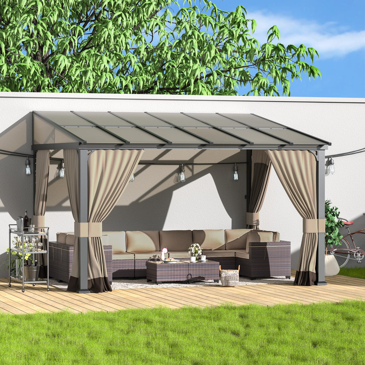 Kurapika 10’ x 12’ Wall Mount Gazebo Outdoor Pergola, Hardtop Lean to Gazebo Canopy Awnings with Sloped Roof and Sturdy Steel Frame, for Patio, Porch, Deck, Backyard(Sand) Kurapika