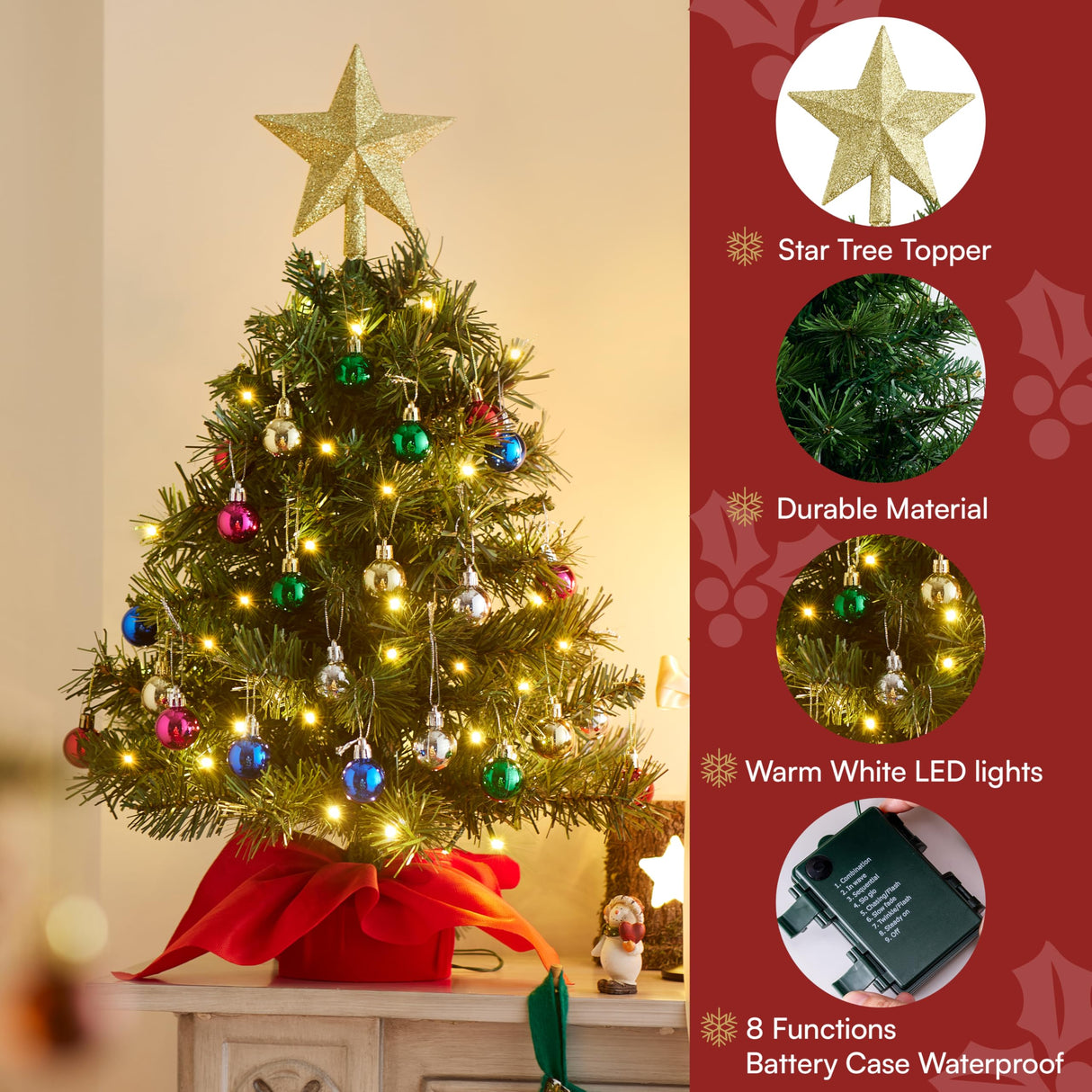 Joiedomi 24"/2FT Mini Christmas Tree Tabletop Set with Clear LED Lights, Artificial Mini Christmas Tree with Star Treetop and Hanging Ornaments, Best DIY Xmas Decorations Joiedomi