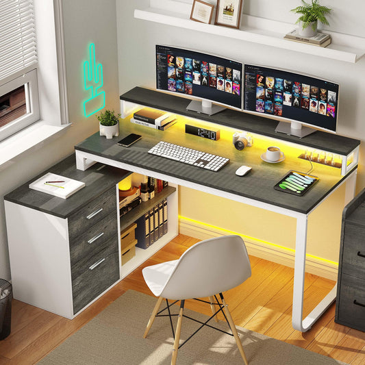 YITAHOME L Shaped Desk with 3 Drawers, 55" Corner Computer Desk with Power Outlets & LED Lights, L-Shaped Desk with File Cabinet for Home Office, White & Grey