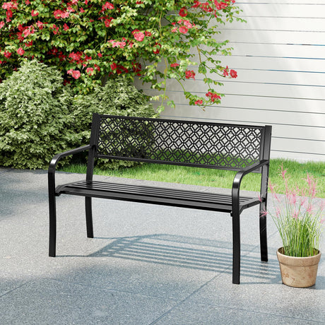 Tangkula 50 Inches Outdoor Garden Bench, Metal Patio Park Bench with Geometric Lattice Backrest, Armrests and Slatted Seat, Outdoor Loveseat Chair for Porch, Lawn and Yard (Black) Tangkula
