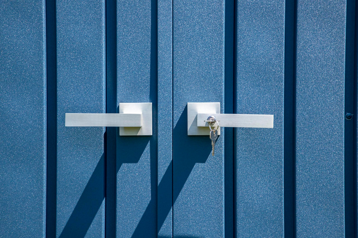 Arrow Shed Elite 14' x 14' Tall Outdoor Steel Storage Shed with High Gable and Lockable Doors Storage Building, Blue Grey Arrow