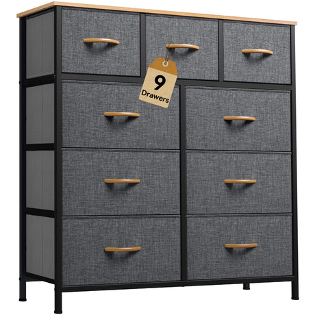 DWVO Dresser with 9 Drawers, Fabric Storage Dresser, Chest of Drawers, Storage Tower Organizer Unit for Living Room, Closets(Dark Grey) DWVO