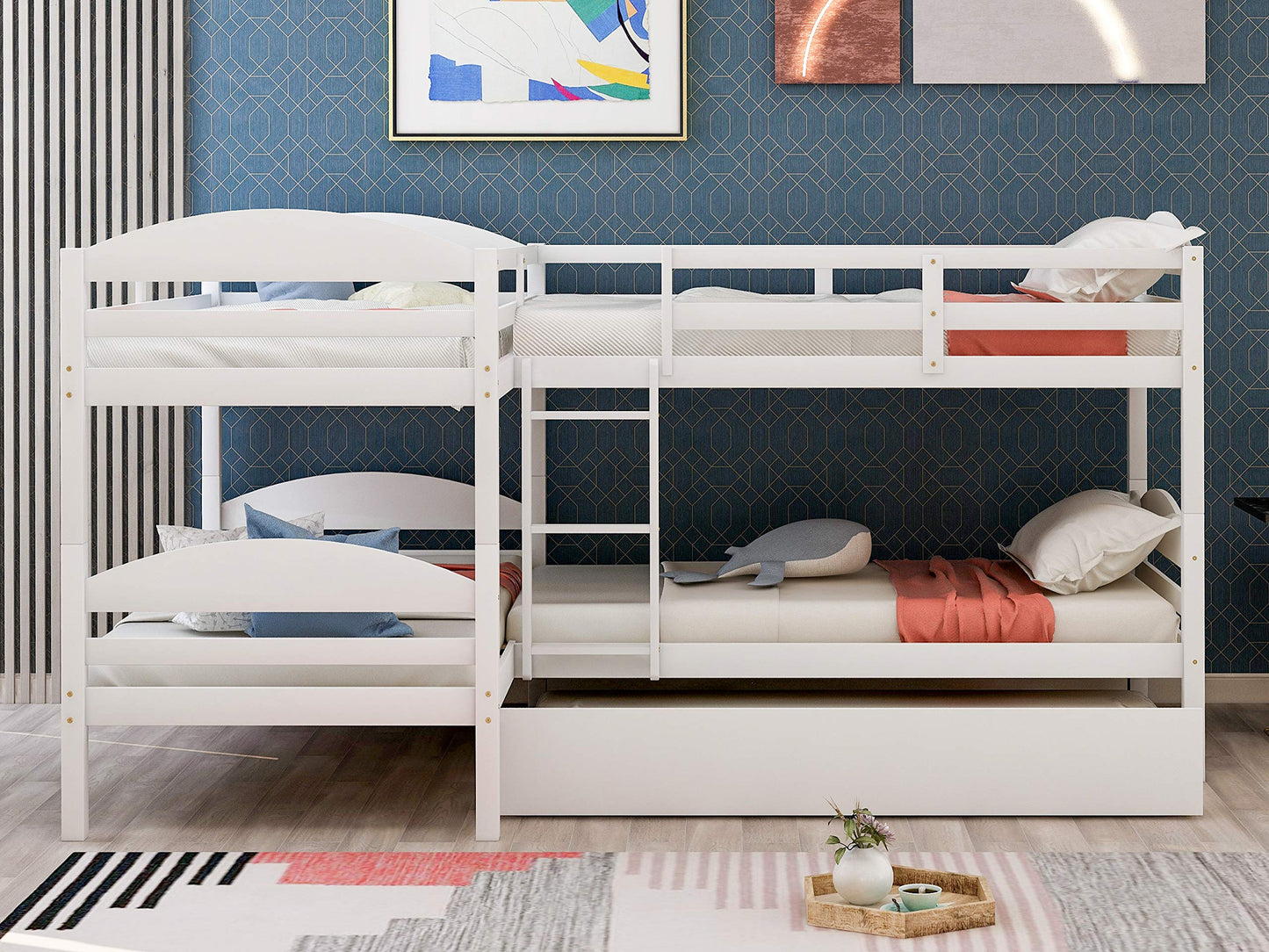 Harper & Bright Designs Quad Bunk Bed with Trundle, L Shaped Bunk Bed for 4 Kids, Wooden Twin Bunk Bed Frame for Kids Teens Adults - White