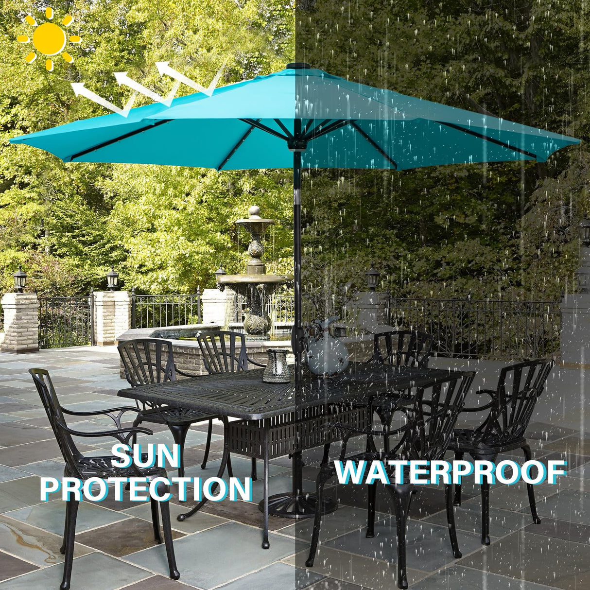 GDY 10Ft Patio Umbrella, Solar Powered 40 LED Lighted Outdoor Table Market Umbrellas with Tilt and Crank, Center Light (Lake Blue)… GDY