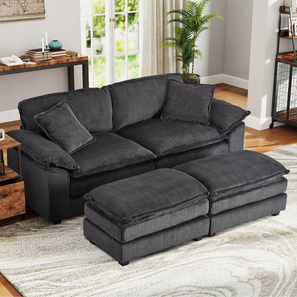 84.6'' Modular Sectional Sofa for Living Room, Comfy Corduroy Double Layer Upholstered Loveseat Sofa, Sleeper Sofa Cloud Couch with Moveable Ottoman, 2 Pillows and Detachable Armrest, Grey