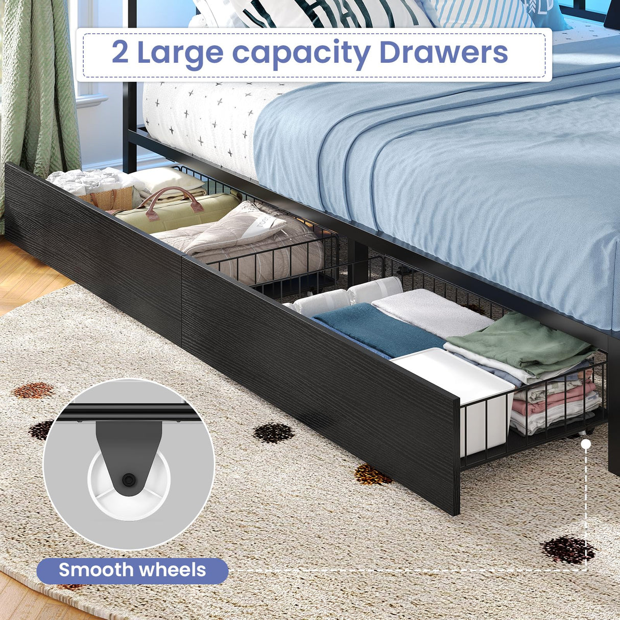 Hasuit Twin Corner Bed Frame with 2 Storage Drawers, Modern Twin Daybed with Charging Station and LED Lights for Kids Teenagers, Metal Platform Bed Frame for Bedroom, Living Room, Guest Room, Black Hasuit