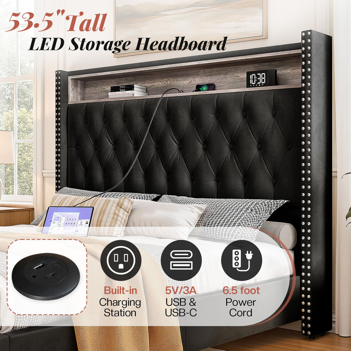 Jocisland King Size Bed Frame 53.6'' Tall Storage Headboard with LED Lights & Charging Station, Velvet Upholstered Button Tufted Wingback Platform Beds, No Box Spring Needed, USB Ports, Black Jocisland