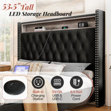 Jocisland King Size Bed Frame 53.6'' Tall Storage Headboard with LED Lights & Charging Station, Velvet Upholstered Button Tufted Wingback Platform Beds, No Box Spring Needed, USB Ports, Black Jocisland