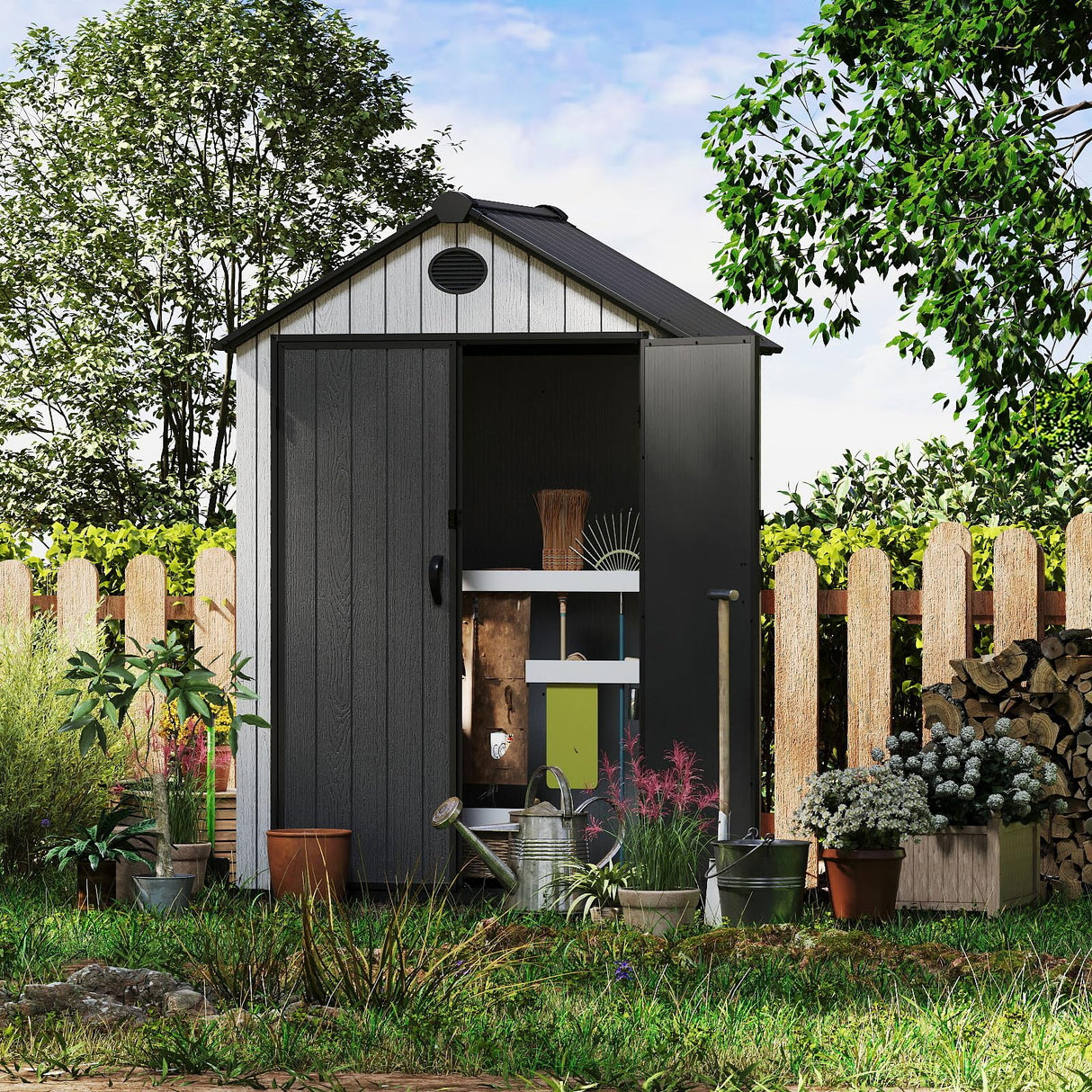 ZYJOYY 6x4 FT Resin Storage Shed,Lockable Door, and Vents for Garden, Backyard, Patio, Lawn,Grey Black ZYJOYY