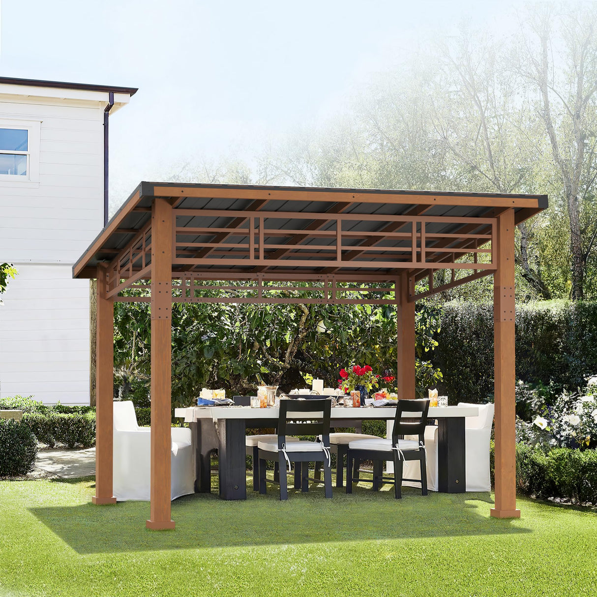 LUE BONA 10x12 Hardtop Lean to Gazebo, Outdoor Pergola Metal Roof Gazebo with Wooden Frame, Permanent Patio Gazebo Canopy with Curtains, Pavilion Grill Gazebo for Backyard, Garden, Deck, Patio LUE BONA