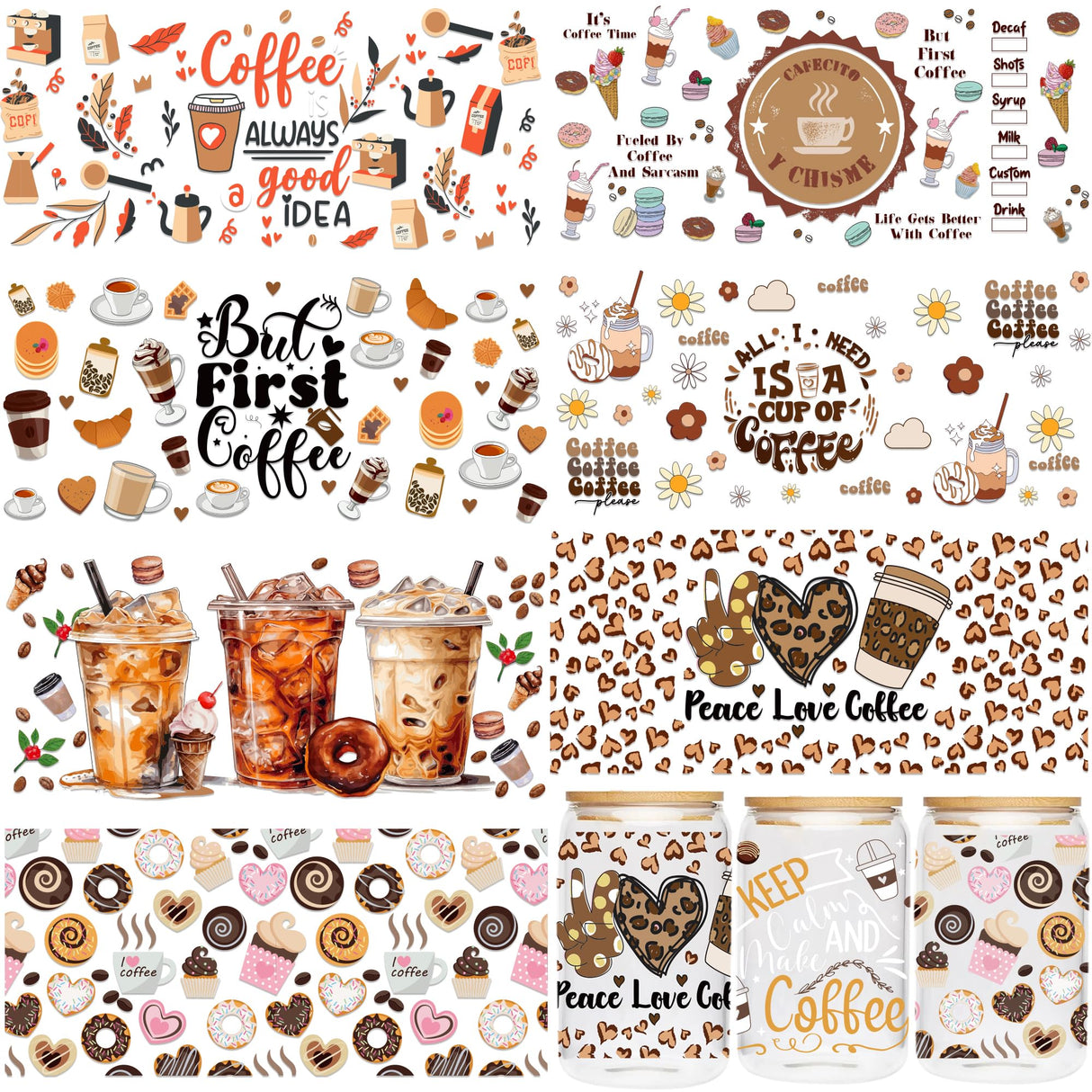 UV DTF Cup Wraps Transfer - 8 Sheets Coffee UV DTF Transfer Sticker for 16 OZ Glass, Coffee Dessert Love Icecream Bread Design, Ready to Press, Waterproof DIY Crafts CRASHOT