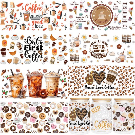 UV DTF Cup Wraps Transfer - 8 Sheets Coffee UV DTF Transfer Sticker for 16 OZ Glass, Coffee Dessert Love Icecream Bread Design, Ready to Press, Waterproof DIY Crafts