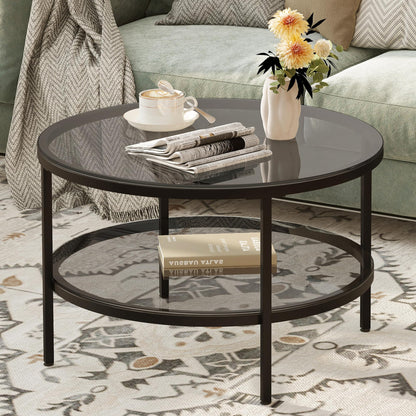 Yusong Round Glass Coffee Tables for Living Room, 2-Tier Circle Coffee Table with Storage, 26" Modern Center Accent Table with Light Black Glass, Small Side Table End Table for Small Space, Bedroom