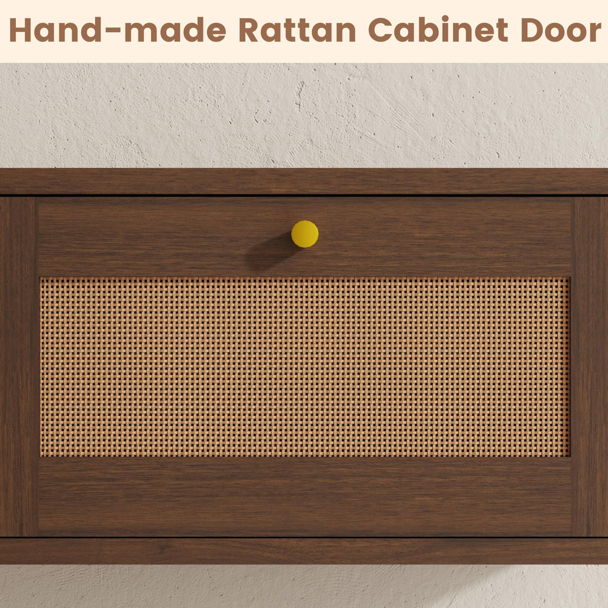 EROMMY Modern Rattan Floating TV Stand, Rectangular Wall-Mounted Floating Stand for TVs with Doors, Entertainment Center for Under TV Storage, 57 inch, Caramel Oak EROMMY