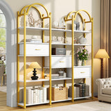Nosepen 83.5" Tall Arched Bookshelf with 3 Drawers and 13 Storage Shelves, Industrial Open Book Shelf with Display Shelves, Large Etagere Bookshelf, Triple Wide Book Case for Home & Office, Gold Nosepen