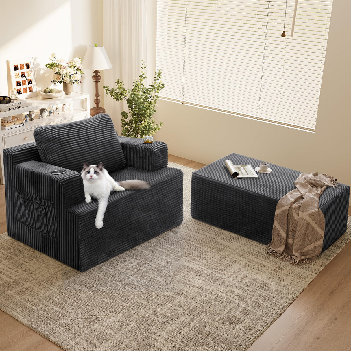 Homall Oversized Chaise Lounge Chair, Cloud Couch with Fluffy Upholstered, Deep Seat Sleeper Sofa Bed with Two Cup Holders, Comfy Boneless Couch No Assembly Required for Living Room, Apartment (Black) Homall