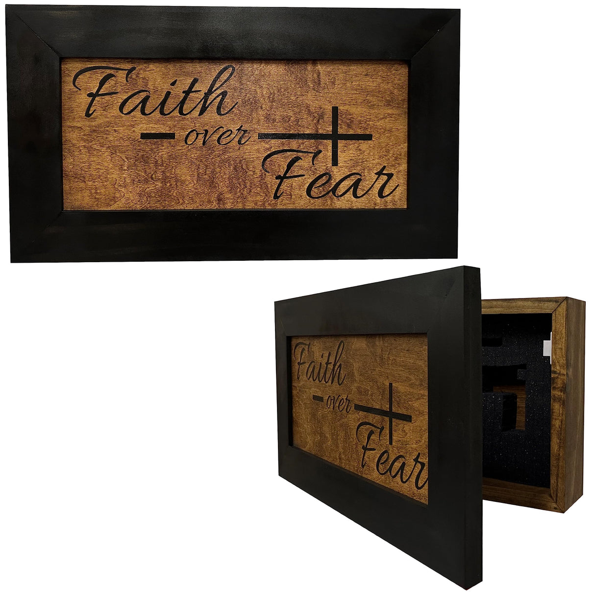 Bellewood Designs Hidden Gun Safe - Faith Over Fear Wall Gun Safe - Hidden Wall Storage - Wood Gun Cabinet - Handcrafted Religious Gun Concealment Furniture - Christian Hidden Gun Storage Bellewood Designs