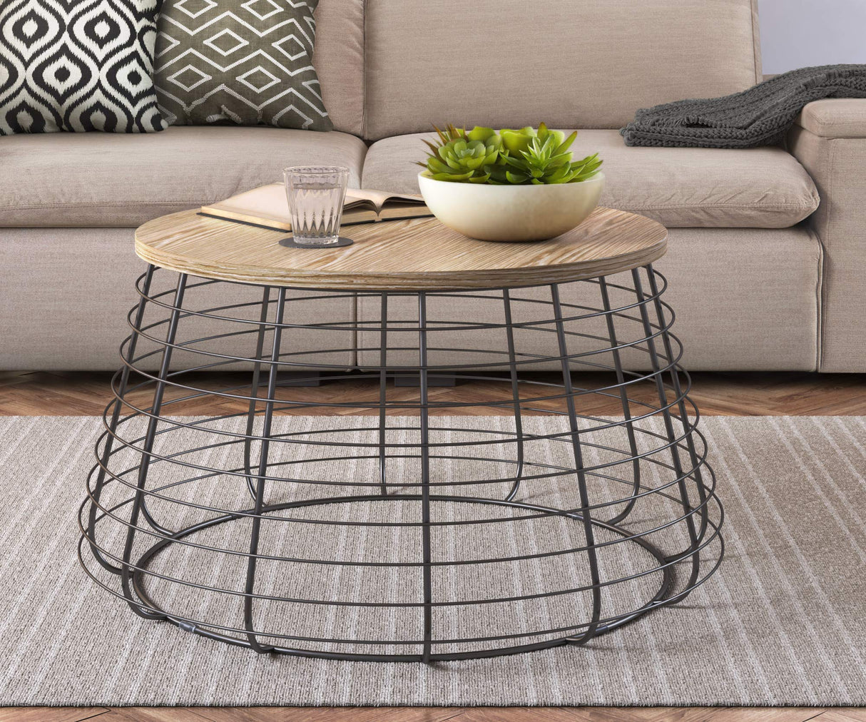 ClickDecor Lydia Matte Black Wireframe Coffee Table, Modern Farmhouse Round Living Room Accent Furniture Distressed Wood Finish Tabletop, Fully Assembled, Brown 23.6D x 23.6W x 19.7H in ClickDecor