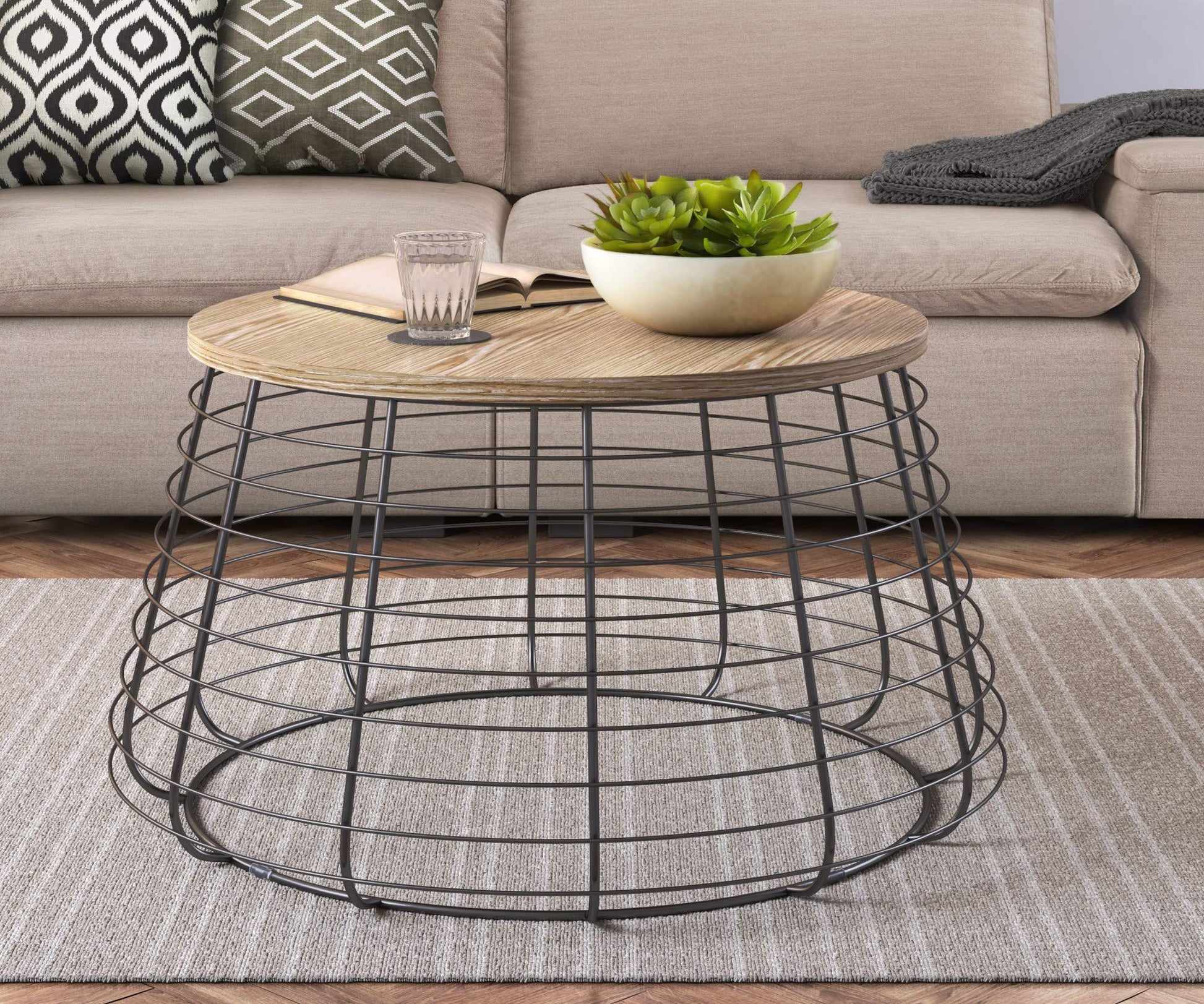 ClickDecor Lydia Matte Black Wireframe Coffee Table, Modern Farmhouse Round Living Room Accent Furniture Distressed Wood Finish Tabletop, Fully Assembled, Brown 23.6D x 23.6W x 19.7H in - WoodArtSupply