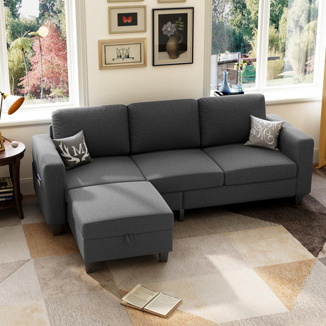 Lonkwa Sectional Sofa Couches for Living Room, 78'' Dark Grey 3 Seater L-Shaped Couch with Storage Ottoman, Comfy Fabric Convertible Sectionals Sofas with Chaise for Apartment, Office, Small Space Lonkwa