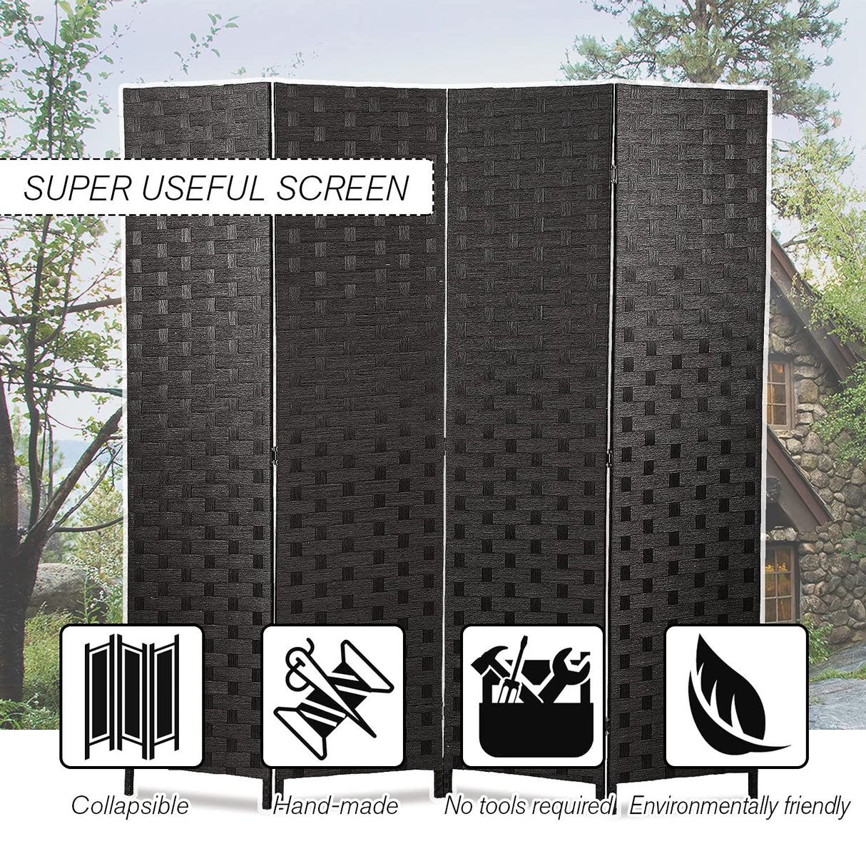 HCY Room Dividers, 4 Panels 6Ft Folding Privacy Screen Wood Mesh Hand-Woven Design for Living Room/Bedroom/Hotel (Black) HCY