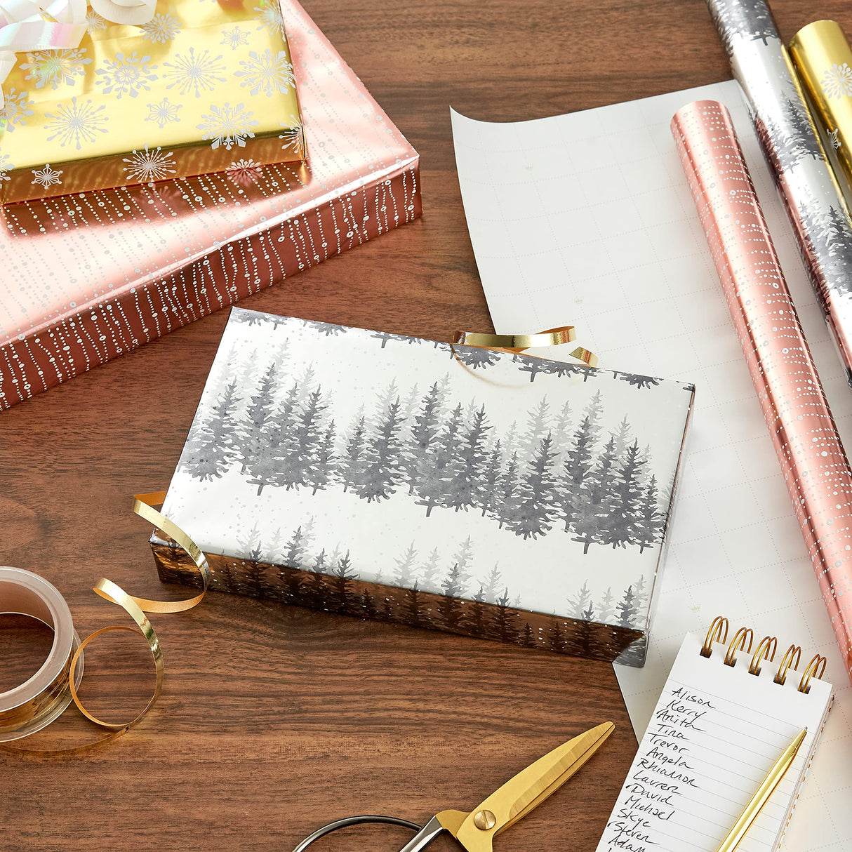 Hallmark Foil Wrapping Paper with Cut Lines on Reverse (3 Rolls: 60 Sq. Ft. Ttl) Rose Gold, Silver Trees, Gold Snowflakes for Winter Weddings, Graduations, Valentine's Day Hallmark