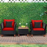 COSTWAY 3PCS Outdoor Patio Rattan Furniture Set Wooden Table Top Cushioned Sofa Red COSTWAY