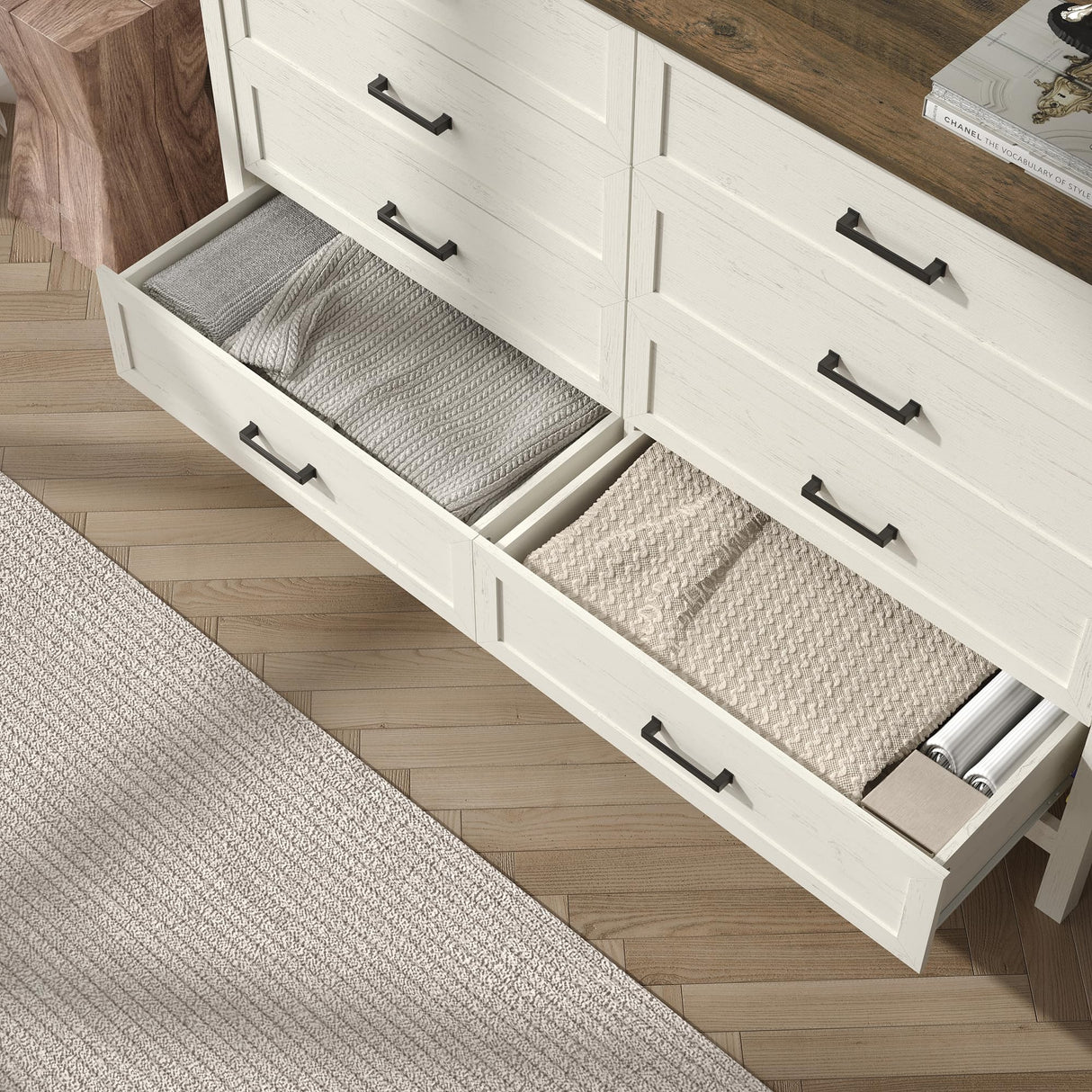 BAZELOR Farmhouse 8 Drawers Dresser for Bedroom, 55 Inch Wood Rustic Wide Chest with Natural Texture, Large Dressers for Bedroom, Hallway, Entryway, Antique White BAZELOR
