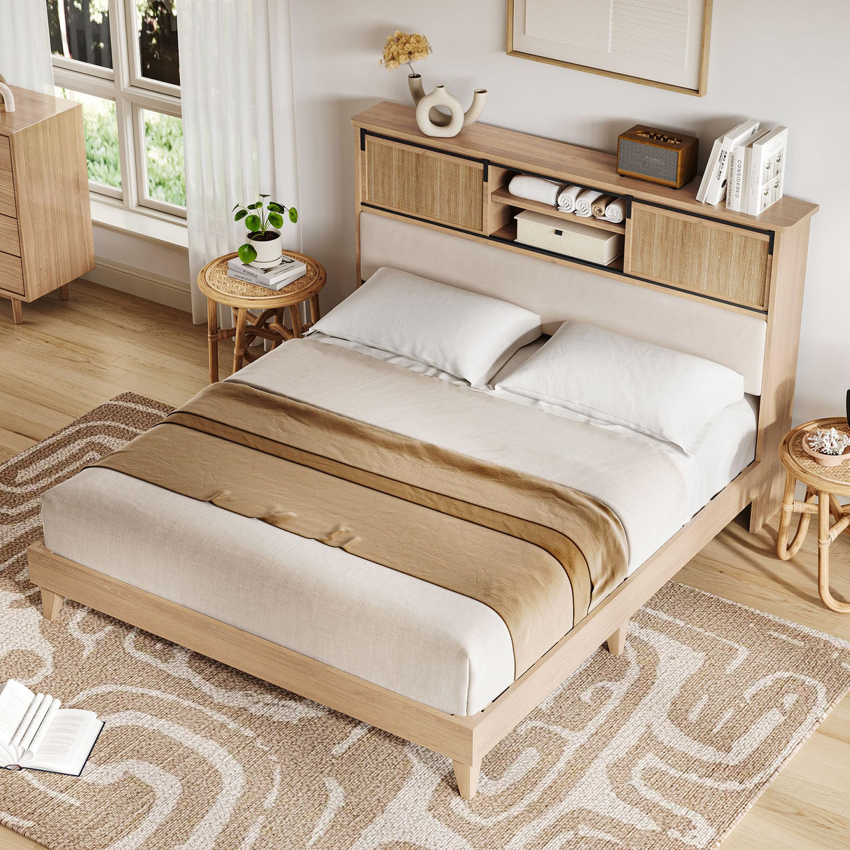 GarveeHome Rattan Bed Frame King with Shelves, Boho King Bed Frame with Shelf Headboard Sliding Door, Solid Wood Foundation with Silent Slats, No Box Spring Needed, Bohemian Wood GarveeHome