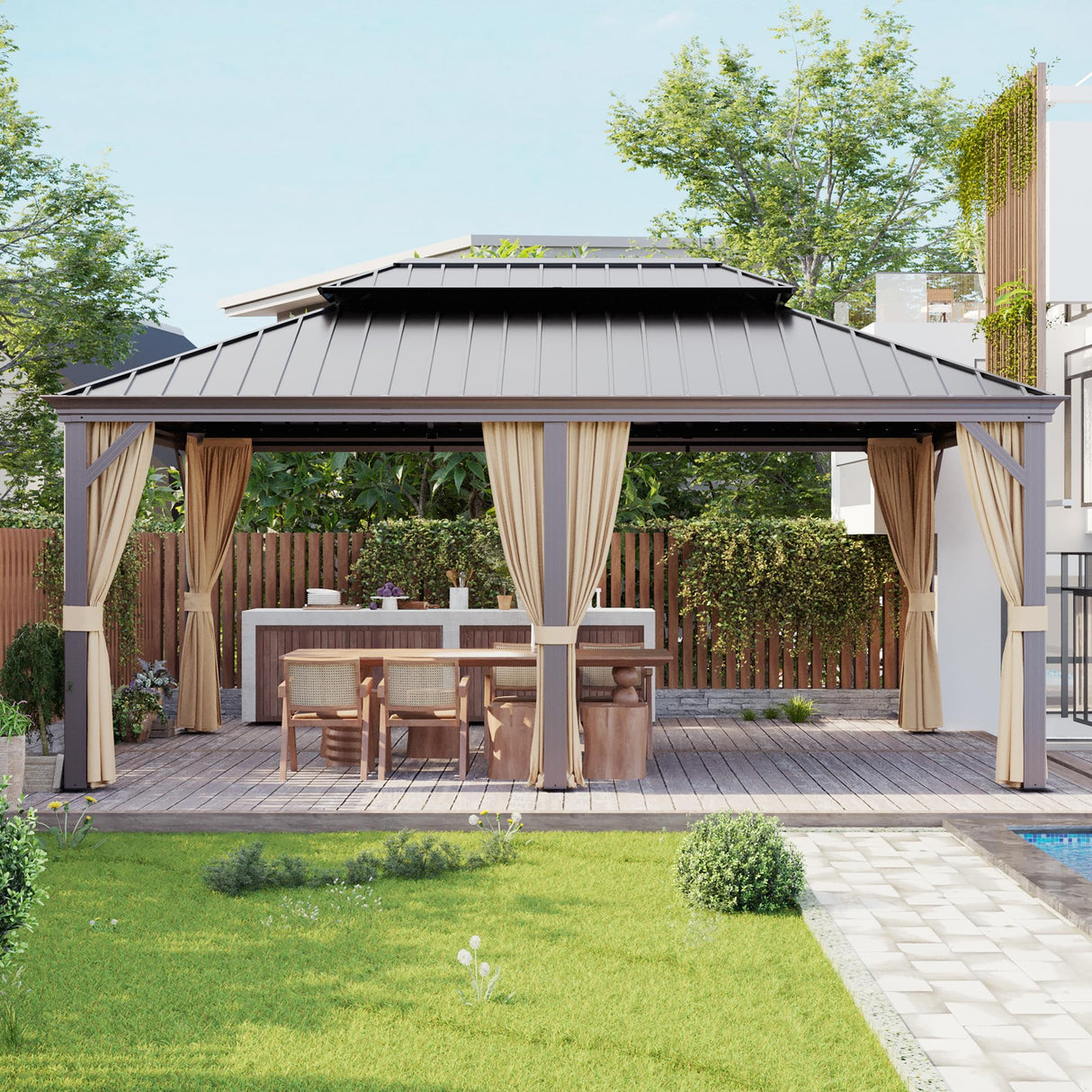 Gardenbee 12x18 ft Gazebo Double Roof Canopy with Netting and Curtains, Outdoor Gazebo 2-Tier Hardtop Galvanized Aluminum Frame Garden Tent for Patio, Backyard, Deck and Lawns Gardenbee