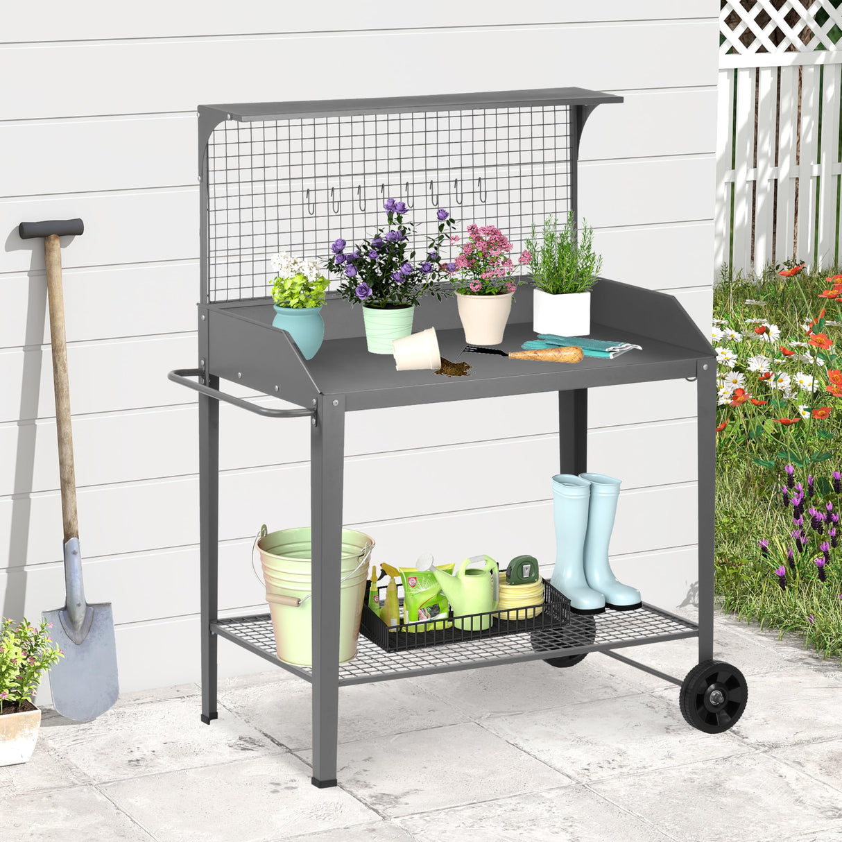 Outdoor Metal Potting Bench with Wheels, Heavy Duty Garden Workbench Table with Storage Shelf (Dark Gray, 52.8"x36.6") DDK